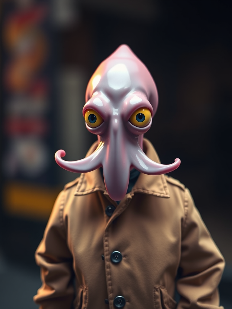 Create an image of a stylized squid character wearing a trench coat, captured in high resolution with a shallow depth of field, 85mm lens, f/1.8 aperture, soft studio lighting, shot in portrait orientation using a full-frame DSLR camera.