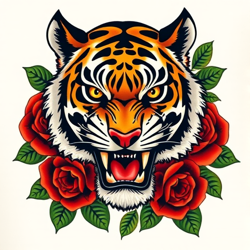 Bold traditional American tattoo of a fierce tiger head with vibrant yellow eyes, surrounded by red roses and green leaves, utilizing thick outlines and solid color fills for a classic, timeless appearance
