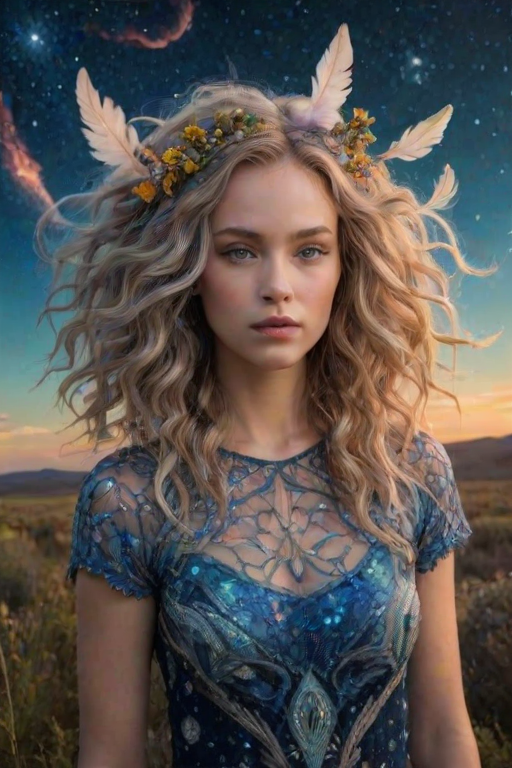 Create a series of imaginative portraits where each subject is infused with elements of fantasy and nature. The hair of the individuals should flow like clouds, varying from soft, fluffy cumulus to wispy cirrus strands, with hints of color reflecting a sunset or a clear blue sky. The eyes should be windows to entire galaxies, with stars, nebulae, and distant planets visible within them. Clothing should be adorned with nature motifs, such as floral patterns that bloom and change, vines that seem to grow and wrap around, or feathers that shimmer with iridescence. Each portrait should capture a unique personality, blending human features with the ethereal beauty of the natural and cosmic world. The backgrounds can vary, from starry night skies to enchanted forests, adding depth and context to the magical realism of the portraits