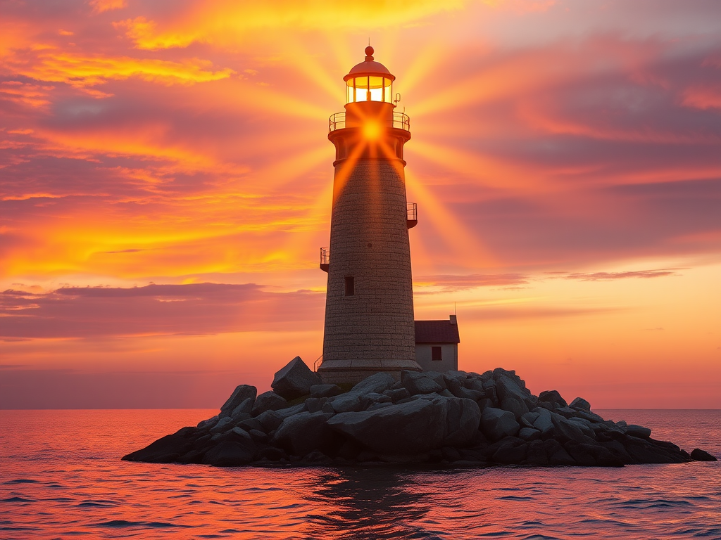 Generate an image of a tall lighthouse perched on a rocky outcrop surrounded by calm ocean waters during a breathtaking sunset. The lighthouse stands sturdy and weathered, its stone surface illuminated by the warm golden light of the setting sun. The sun's rays pass directly through the glass lantern room at the top of the lighthouse, casting a brilliant light across the scene. The sky is painted with vibrant shades of orange, pink, and purple, reflecting off the tranquil sea. The surrounding water shimmers with the same warm hues, creating a serene and majestic atmosphere.