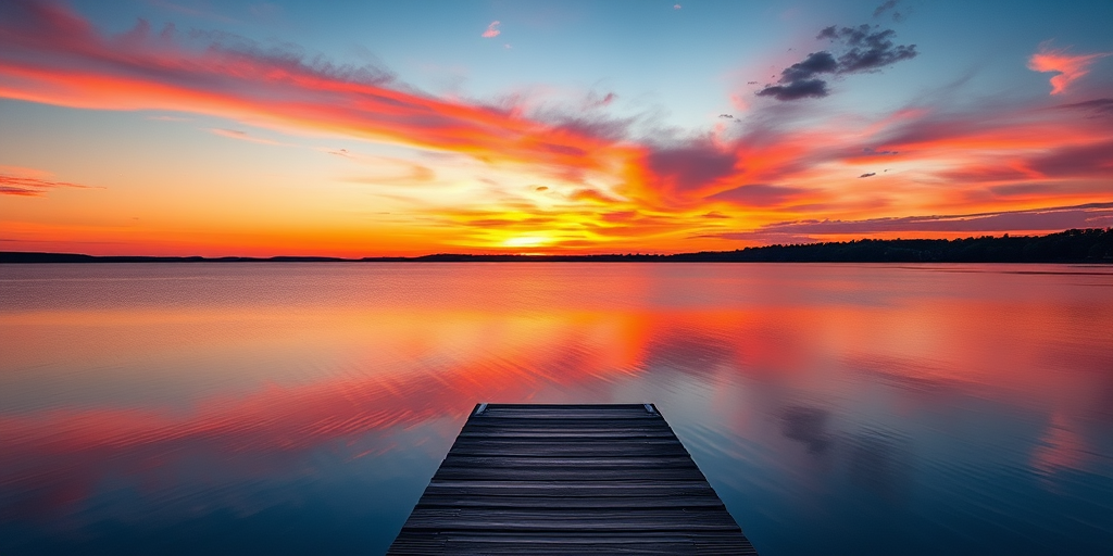 Capture a serene sunset over a calm body of water with vibrant colors reflecting on the surface, featuring a wooden dock in the foreground, shot with a full-frame DSLR camera at f/8, ISO 100, 1/60 sec, using a wide-angle lens from a high vantage point.