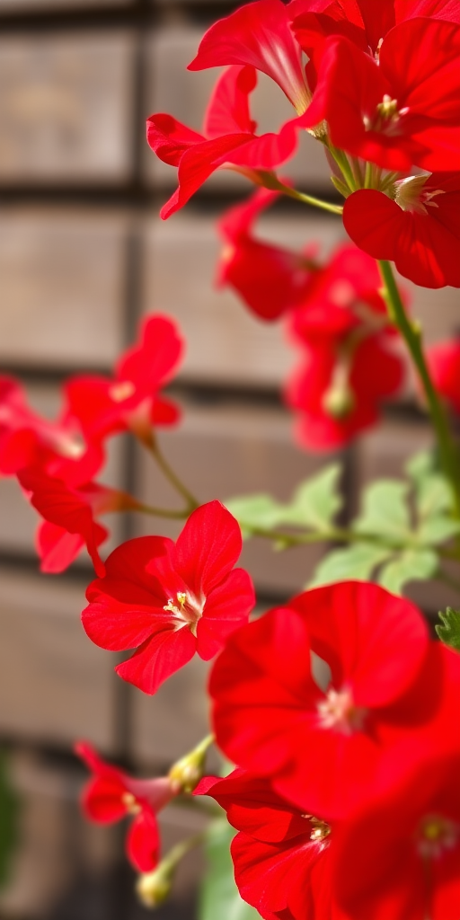 Capture a close-up of vibrant red geranium flowers with a blurred wooden background, aperture f/2.8 for shallow depth of field, ISO 100 for clear detail, 50mm lens for intimate framing, natural light to enhance colors, DSLR camera for optimal quality.