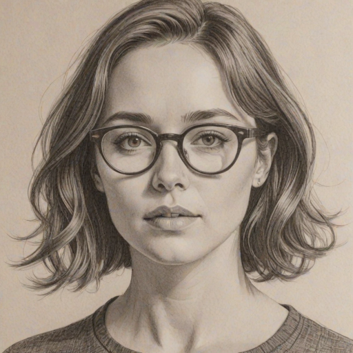 Fascinating Elliot Page, pencil sketch, portrait of Captivating woman 1966s in glasses, hair style beatnik, outline, clear lines, fine lines, 8k