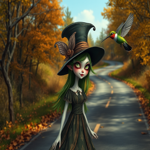 digital art fantasy depicting a strange girl with green hair, long eyelashes, white lipstick and a tall hat walking along a winding road on an autumn afternoon, an Hummingbird smiles as she passes