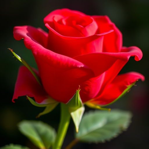 A vibrant red rose with a green stem and leaves, captured in sharp focus using a macro lens, aperture f/2.8, ISO 100, 50mm lens, with soft natural lighting from the side, background slightly blurred for depth.