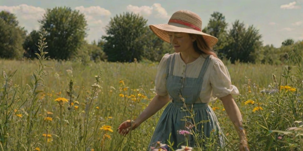 Overgrown garden, wildflowers and tall grass swaying gently in the breeze, a woman tends to a patch of herbs, her straw hat shading her face as she works.