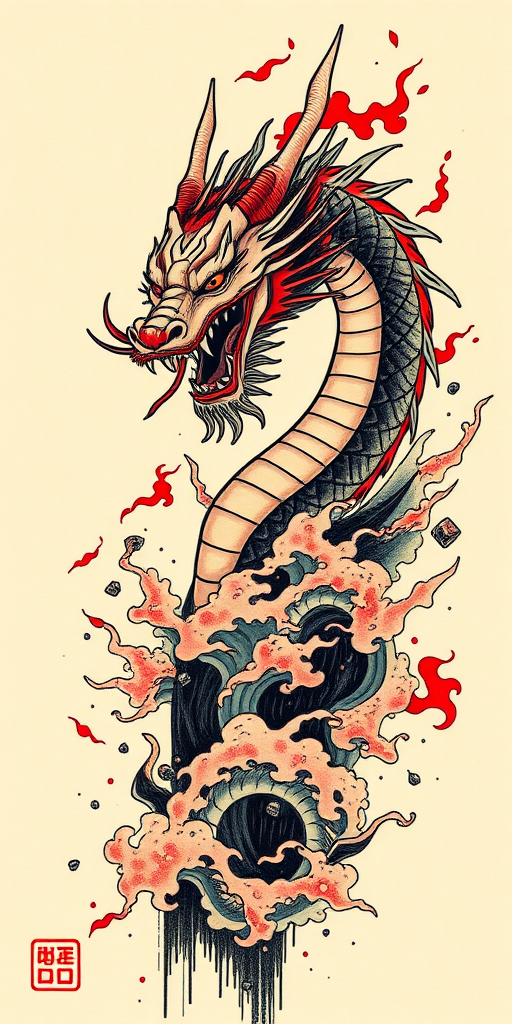 Fierce Japanese-inspired tattoo called "Dragon's Fury" with bold black outlines and vivid red accents depicting a fierce dragon emerging from turbulent waves, symbolizing strength and perseverance as a full sleeve