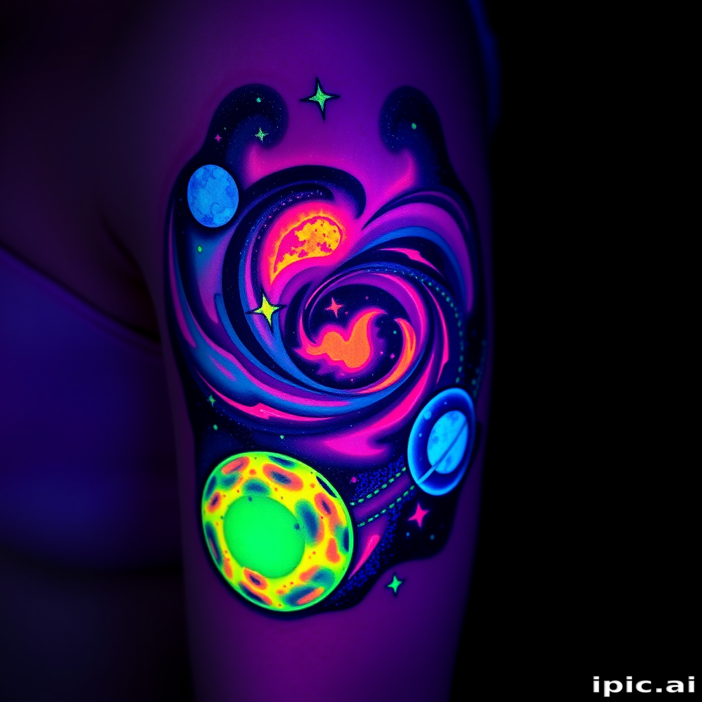 Cosmic galaxy tattoo featuring swirling nebulas, twinkling stars, and vibrant planetary bodies, utilizing UV-reactive ink for a mesmerizing glow-in-the-dark effect under blacklight