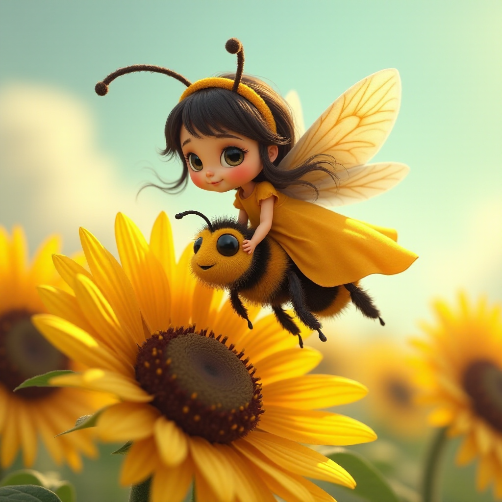 a whimsical cute girl with big eyes, big hair and flowing dress, riding astride a bumble bee, and flying across the top of the sunflower, which are just waking up, and catching dew drop of rain