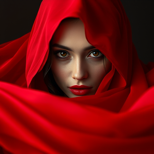 Create a striking portrait of a mysterious figure with their face partially obscured by flowing red fabric, capturing the essence of elegance and allure, using a Canon EOS R5 with an 85mm f/1.2 lens, aperture set to f/1.2 for a shallow depth of field, with a soft bokeh background, high-contrast lighting to accentuate the vibrant red and the contours of the subject's face.