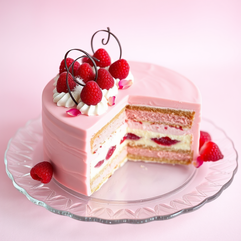 A beautifully decorated pink cake with a glossy finish, featuring a layer of raspberry filling and vanilla cream, garnished with fresh raspberries, rose petals, and decorative chocolate curls, displayed on an elegant glass plate with a slice cut out, set against a soft pink background.
