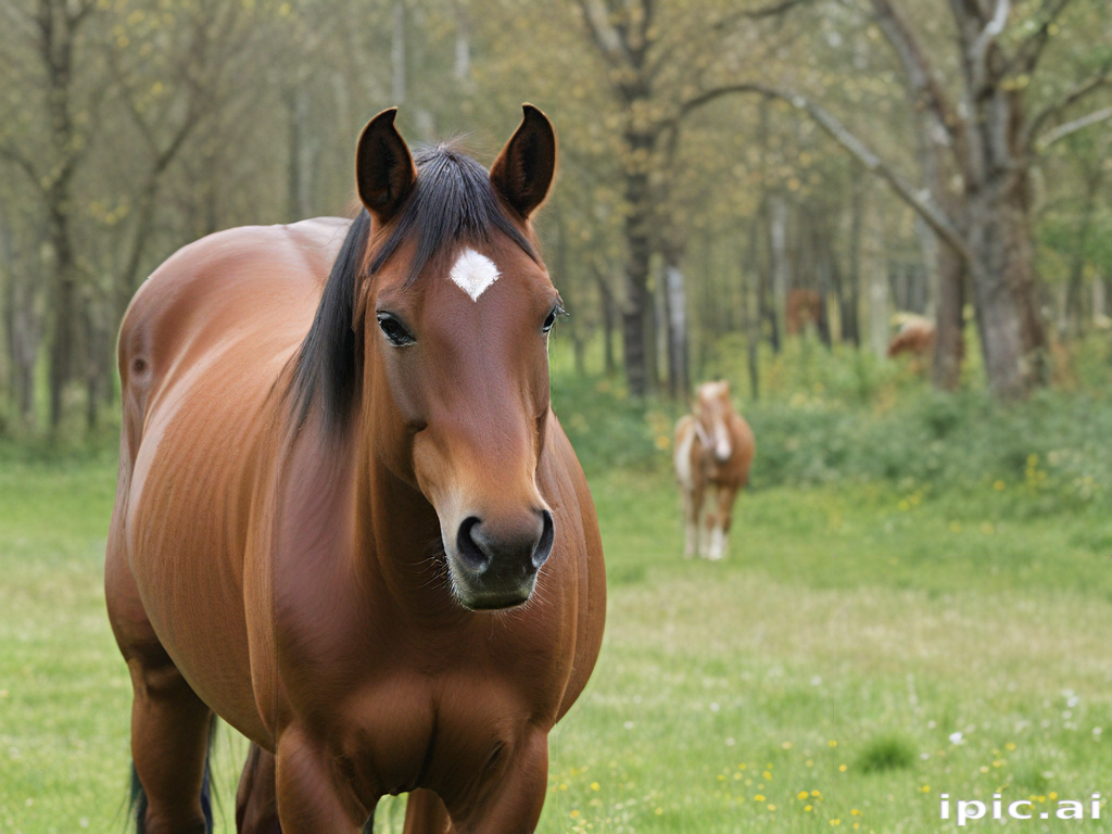 A Majestic Brown Horse Grazing Peacefully in a Serene Meadow Setting