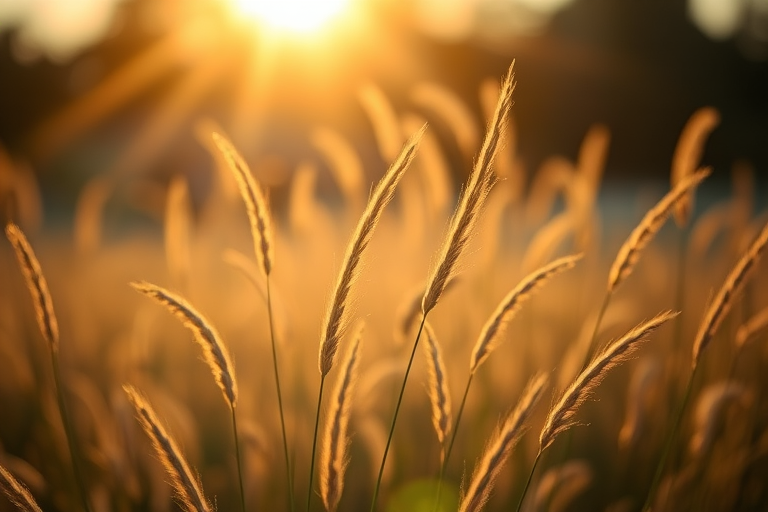 create an image of delicate wheat-like grasses backlit by soft golden sunlight with a shallow depth of field, use a Canon EOS R5 with an 85mm f/1.4 lens at ISO 100 and f/2.8 for enhanced clarity and bokeh in a natural, serene outdoor setting