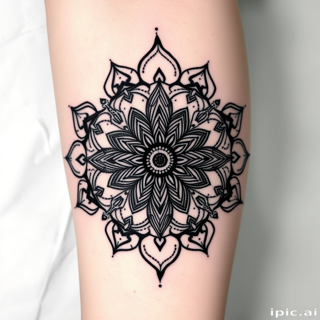 Intricate blackwork mandala tattoo called "Obsidian Lotus" showcasing a complex geometric pattern of interconnected lines and shapes forming a circular design reminiscent of a blooming lotus flower, with bold black ink creating stark contrast against the skin and fine dotwork details adding texture and depth to the tattoo, resulting in a mesmerizing and meditative piece that draws the eye and captivates onlookers