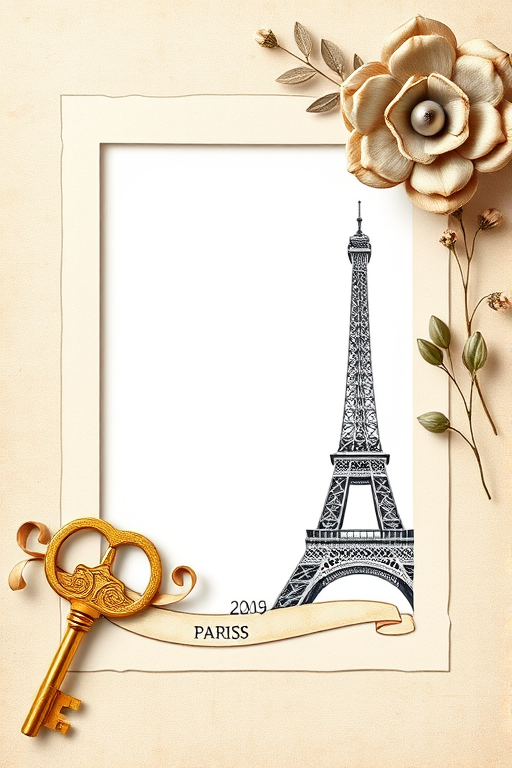 Create a vintage-style photo frame with a soft beige background, featuring a golden key and a sketch of the Eiffel Tower with a ribbon, adorned with a metallic flower in the top right corner, shot with a Canon EOS 5D Mark IV, 50mm lens, f/2.8 aperture, ISO 100, natural lighting, and a shallow depth of field for a dreamy effect.