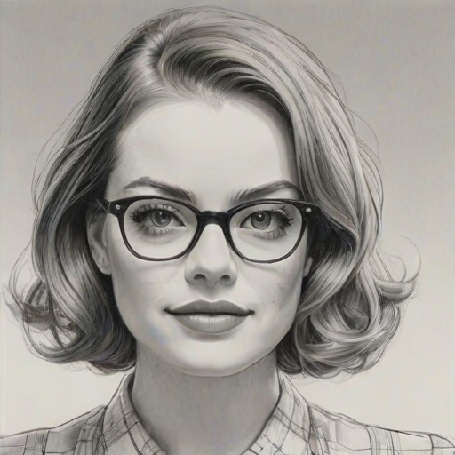 Splendid Emma Stone, pencil sketch, portrait of Gorgeous woman 1930s in glasses, hair style beatnik, outline, clear lines, fine lines, 8k