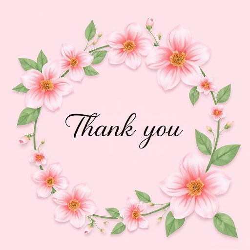 Create an illustration featuring a floral design with soft pink flowers and green leaves on a pastel pink background, centered text saying "Thank you" in an elegant script, high-resolution digital art style, shot with a Canon EOS R6, 50mm lens, f/1.8 aperture, and soft natural lighting.
