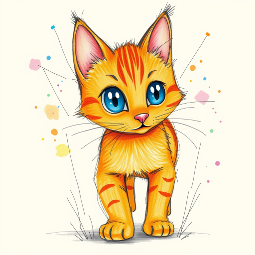 A vibrant childs coloured pencil drawn illustration of a bright orange cat with large, expressive blue eyes, a very cute style. The cat appears to be walking towards the viewer, surrounded by an abstract splash of colors and fine black lines, giving the image a dynamic and artistic flair. The background is a soft beige, highlighting the cat's vivid coloration and playful demeanor. Naively drawn scratchy line style.