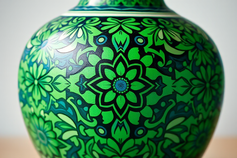 create an artistic representation of a decorative vase with intricate green and blue patterns, high resolution, macro view, aperture f/2.8, ISO 100, 50mm lens, soft lighting, digital illustration