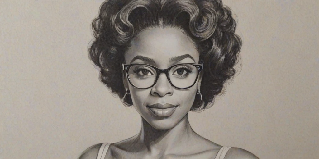 Appealing Teyonah Parris, pencil sketch, portrait of Superb woman 1950s in glasses, hair style beatnik, outline, clear lines, fine lines, 8k