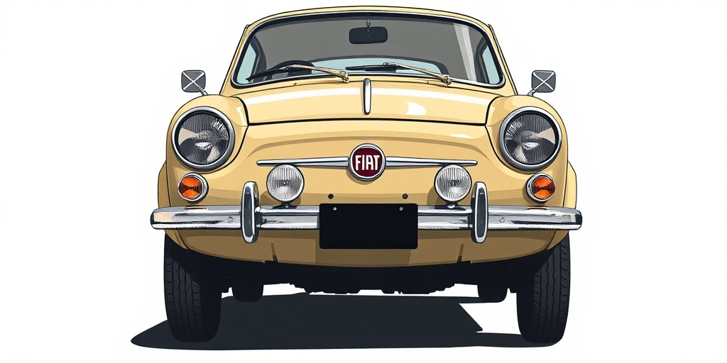 Create a detailed illustration of a vintage Fiat Balilla from a frontal view, captured with a DSLR camera at f/8 aperture, ISO 100, and a shutter speed of 1/250 seconds, using a wide-angle lens to enhance the vehicle's features and textures, focusing on high contrast and clarity.