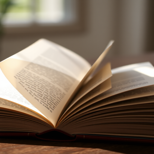 high-resolution image of an open book with pages fanned out, natural soft lighting, shallow depth of field, captured using a DSLR camera at f/2.8, ISO 200, 50mm lens, slight angle view for a dynamic composition