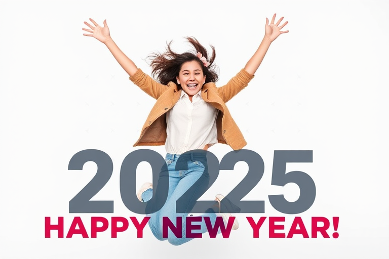 Create an image of a young woman joyfully jumping against a white background with bold text reading "2025 HAPPY NEW YEAR," captured with a Canon EOS R5, 24mm lens, f/2.8, ISO 100, 1/500s, in vibrant colors and high contrast.