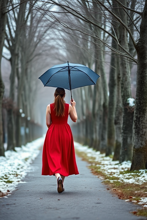A woman in a red dress walks with an umbrella down a tree-lined path in winter, with snow-covered ground and gray trees, captured with a Canon EOS 5D Mark IV, 50mm lens, f/2.8, ISO 100, soft focus, natural lighting, vibrant colors, high resolution.