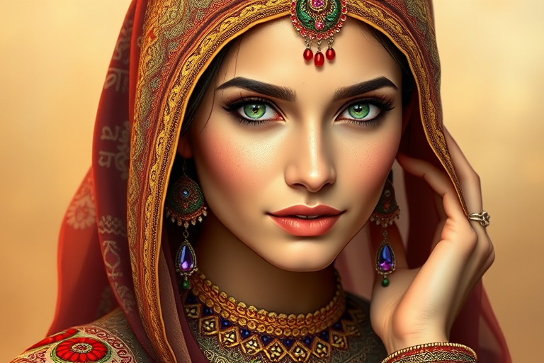 Create a portrait of a beautiful Arab woman with striking green eyes and a gentle expression. She is adorned in traditional attire with intricate patterns, including a richly embroidered headscarf and matching garments. Her jewelry includes a delicate headpiece, dangling earrings, and ornate bracelets, all featuring vibrant gemstones and detailed metalwork. The background is soft and warm, enhancing the rich colors of her outfit and jewelry.