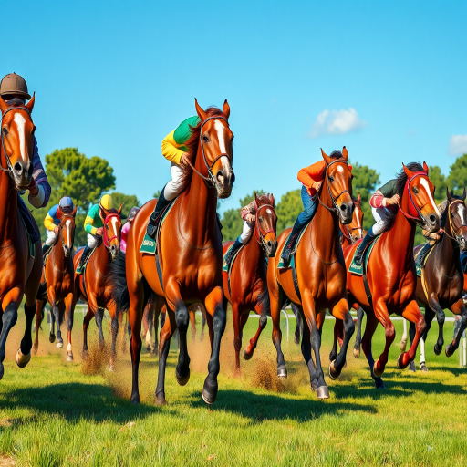 Regenerate a vibrant, dynamic illustration of a horse race with horses and riders in motion, using a Canon EOS R5 camera, 35mm lens, f/2.8 aperture, ISO 100, set to shutter speed 1/1000s, in an outdoor setting with a clear blue sky and lush greenery in the background for enhanced detail and color contrast.