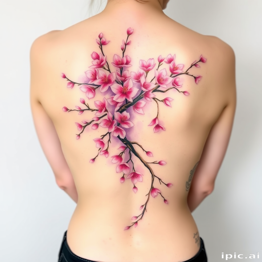 Vibrant watercolor tattoo of a blooming cherry blossom tree stretching across the back, petals floating down to lower back, soft pink and lavender hues blending seamlessly