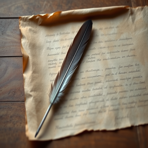 Create an image of an aged parchment scroll with a feather quill resting on it, using a Canon EOS 5D Mark IV, 50mm lens, f/1.8 aperture, 1/125 sec shutter speed, and natural light for a soft focus effect.