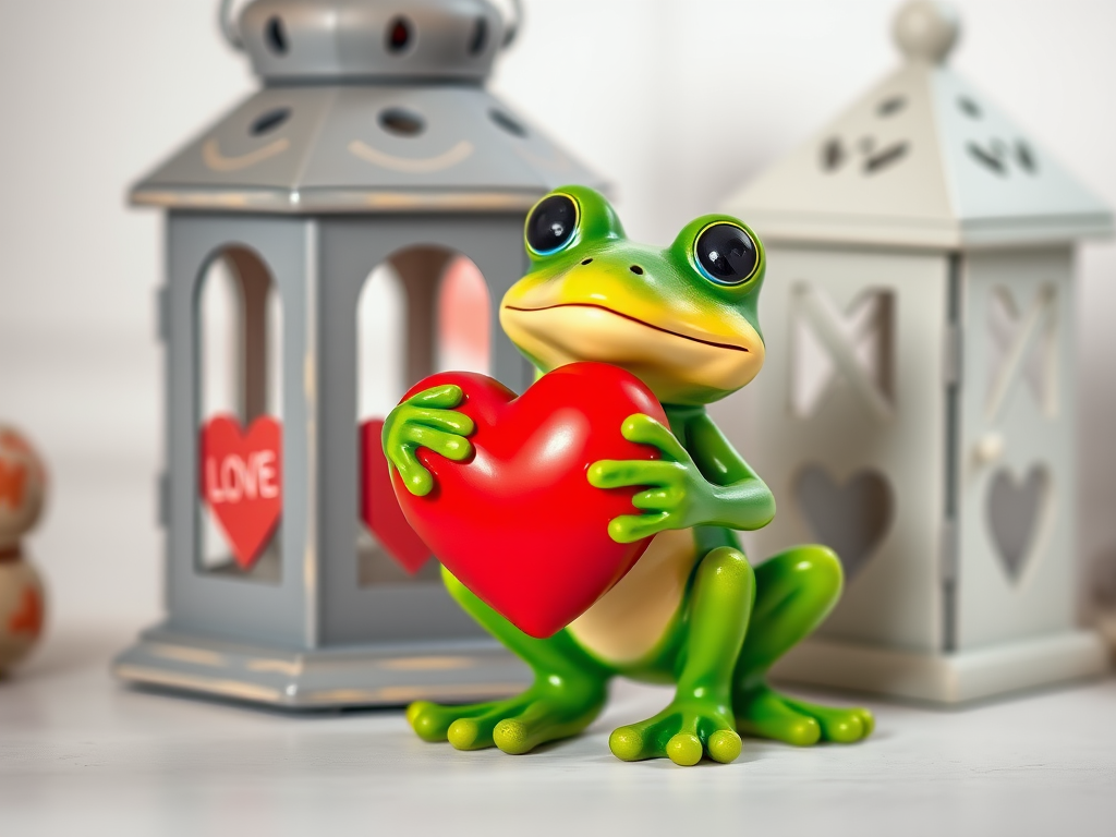 A vibrant green frog figurine holding a red heart next to a decorative gray lantern with heart cutouts, softly blurred background, taken with a DSLR camera, 50mm lens, f/2.8 aperture, ISO 100, natural light, vibrant colors.