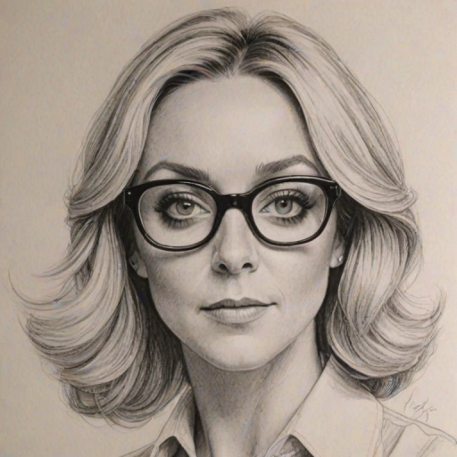 Enchanting Jane Krakowski, pencil sketch, portrait of Fascinating woman 1975s in glasses, hair style beatnik, outline, clear lines, fine lines, 8k