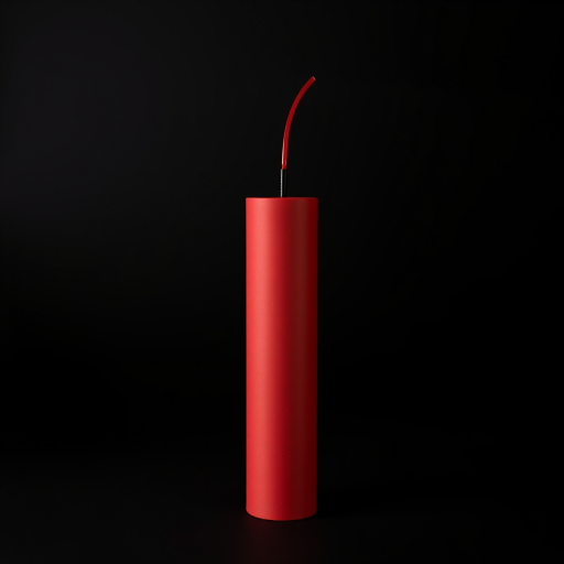 Generate a high-resolution digital illustration of a red cylinder resembling a firecracker with a black fuse, using a Canon EOS 5D Mark IV, 50mm lens, f/8 aperture, 1/200 sec shutter speed, in a studio lighting setup for a clean, sharp focus on the object.