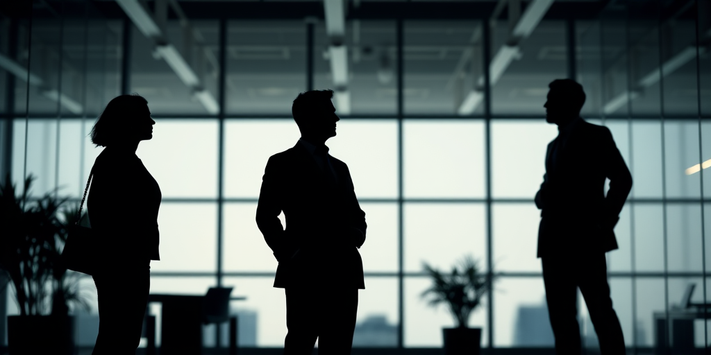Create a high-resolution silhouette image of three business professionals standing in an office environment, use a Canon EOS R5 camera, aperture f/2.8, shutter speed 1/60 sec, ISO 100, with a shallow depth of field, and capture from a slightly low angle to enhance their stature.