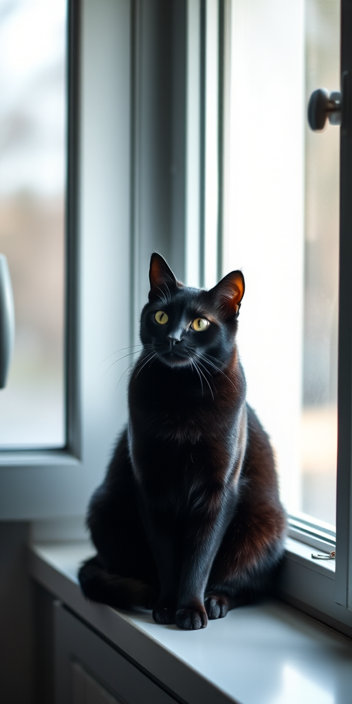 Generate a high-resolution image of a black cat sitting gracefully on a windowsill under soft natural light, captured with a Canon EOS R5, 50mm f/1.2 lens, aperture set to f/2.8, ISO 100, shutter speed 1/200s, in portrait orientation.