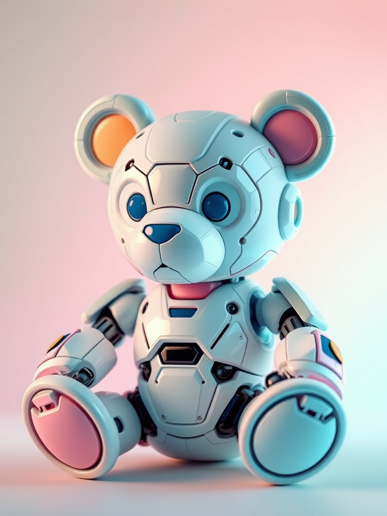 Create a highly detailed image of a futuristic robotic teddy bear with pastel colors, set against a soft gradient background, using a 50mm lens at f/1.8, ISO 100, and a shallow depth of field to enhance focus on the bear while softly blurring the background, shot in bright, diffused natural light for vibrant colors.