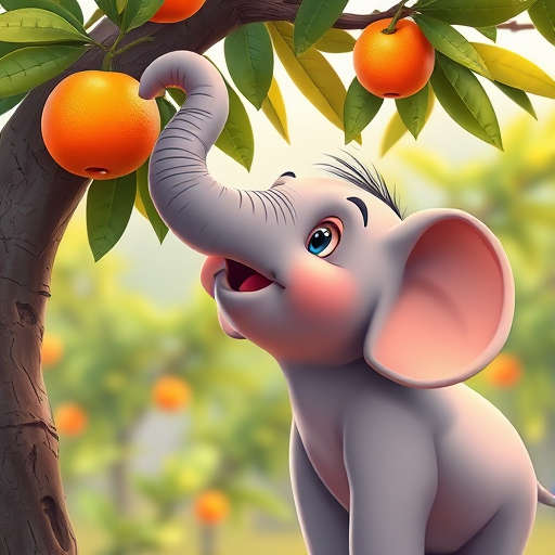 Cartoon elephant looking up at an orange hanging from a tree, bright colors, 4K resolution, f/2.8 aperture, 35mm lens, soft focus, digital illustration.