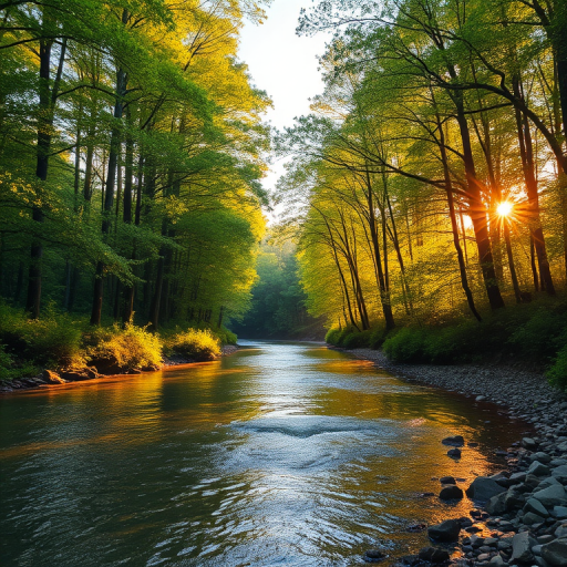 Create an image of a serene, sunlit forest scene with a clear, gently flowing river. Tall trees with lush green foliage line both sides of the river, their leaves bathed in the warm golden light of the setting or rising sun. The sunlight filters through the trees, casting soft, dappled light on the river, which flows over smooth rocks and pebbles, creating a peaceful, natural atmosphere. The sky is bright with a few scattered clouds, and the overall mood is tranquil, evoking a deep sense of connection with nature. The image captures the beauty of a calm, pristine forest landscape at either dawn or dusk.