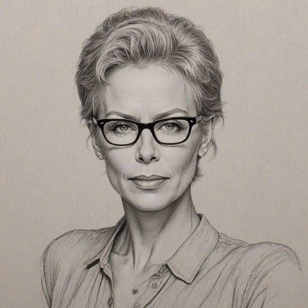 Stunning Jamie Lee Curtis, pencil sketch, portrait of Bewitching woman 1942s in glasses, hair style beatnik, outline, clear lines, fine lines, 8k
