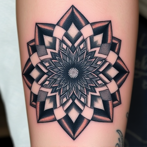Mesmerizing optical illusion tattoo called "Dimensional Shift" that plays with perspective and visual perception. Intricate geometric patterns and shading techniques create the illusion of depth, movement, and three-dimensionality on the flat surface of the skin. Black and grey ink is used exclusively, enhancing the graphic impact of the mind-bending design.