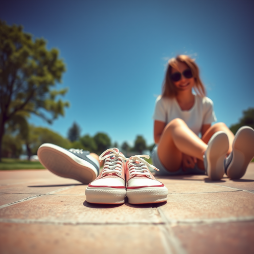 Generate an ultra-realistic, highly detailed, high-definition photograph. It's a photo of a girl sitting on the floor. She's looking at the horizon. The photo is taken from the bottom up, at ground level. The girl's sneakers are in the foreground, in the center of the scene. The girl is wearing light clothes, a t-shirt and short shorts. The sky is blue. Bright environment. The background is a blurred image of a park.