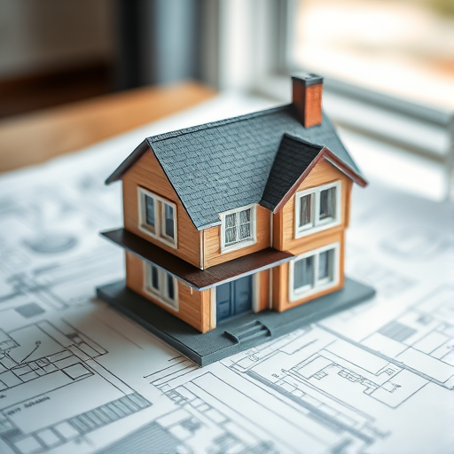 A detailed close-up of a miniature model house placed on top of architectural blueprints, with soft natural lighting, captured using a DSLR camera with a 50mm lens, aperture set to f/2.8, ISO 200, and a shallow depth of field for a blurred background effect.