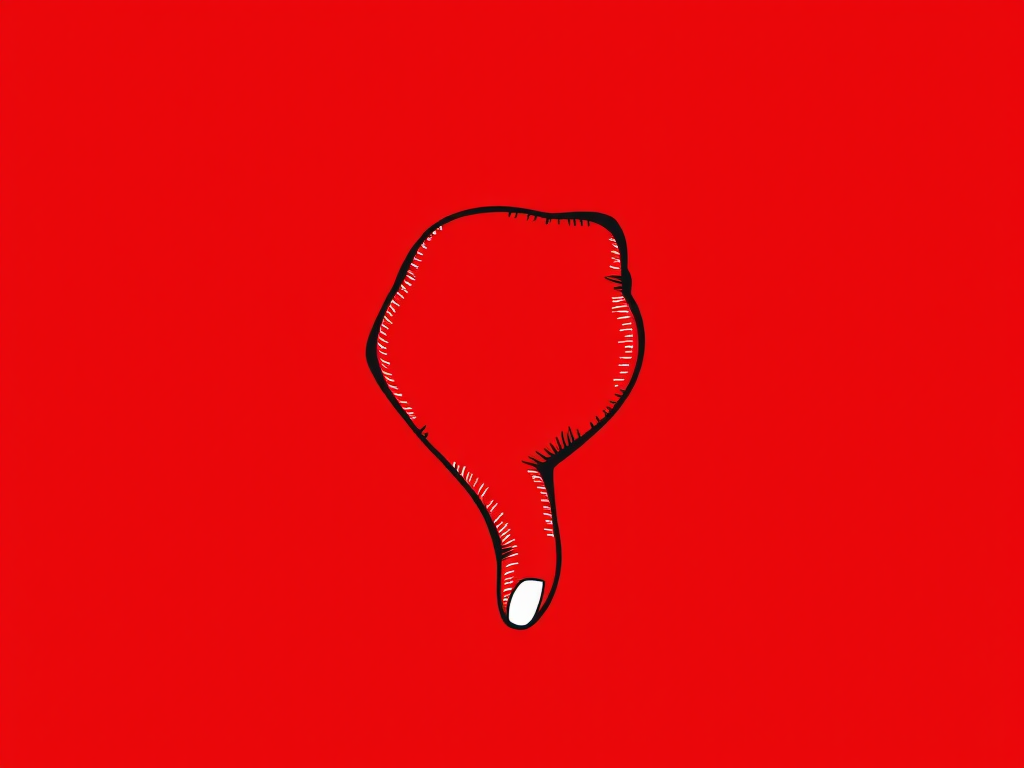 Create a detailed illustration of a thumbs down symbol on a bright red background, using a DSLR camera with a 50mm lens, aperture set at f/8, shutter speed 1/250s, ISO 100, taken from a straight-on view for clarity and enhanced color vibrancy.