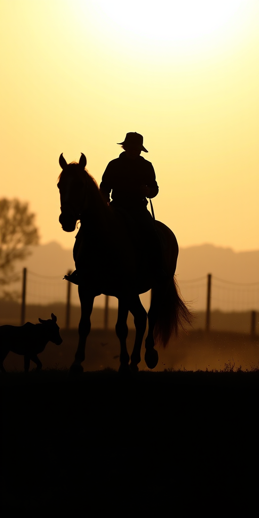 Generate a high-resolution image depicting a silhouette of a person walking a horse with a smaller animal nearby, shot with a DSLR camera at f/2.8, shutter speed 1/500s, ISO 200, using a wide-angle lens at a low angle for dramatic effect.