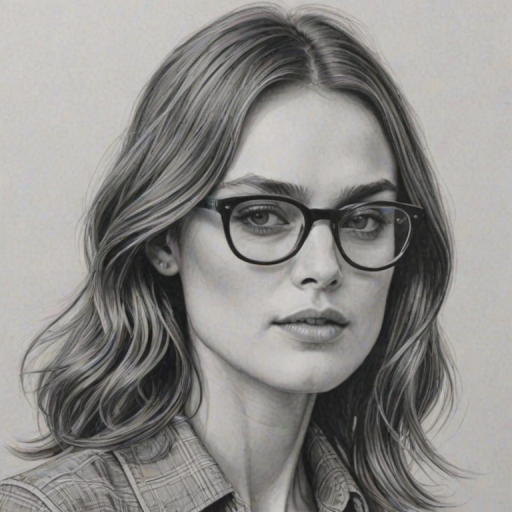 Splendid Keira Knightley, pencil sketch, portrait of Fascinating woman 1971s in glasses, hair style beatnik, outline, clear lines, fine lines, 8k
