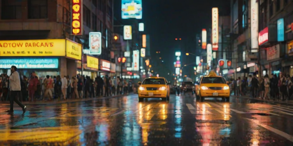 Blurry, fast-paced shot of a busy city street at night, taxis zooming by, pedestrians rushing across the crosswalk, neon signs reflecting off the wet pavement, street vendors selling food under glowing umbrellas, distant honking and soft chatter filling the air.