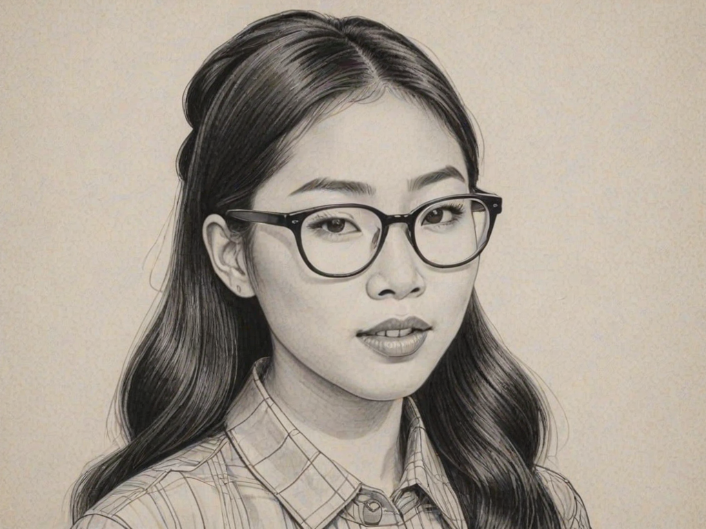 Appealing Awkwafina, pencil sketch, portrait of Resplendent woman 1960s in glasses, hair style beatnik, outline, clear lines, fine lines, 8k