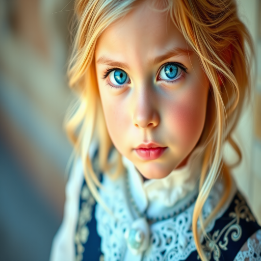 portrait of a young girl with blonde hair and striking blue eyes, wearing a detailed elegant outfit, soft natural lighting, shallow depth of field, 85mm f/1.4 lens, ISO 100, 1/200 sec, taken from eye level, DSLR camera